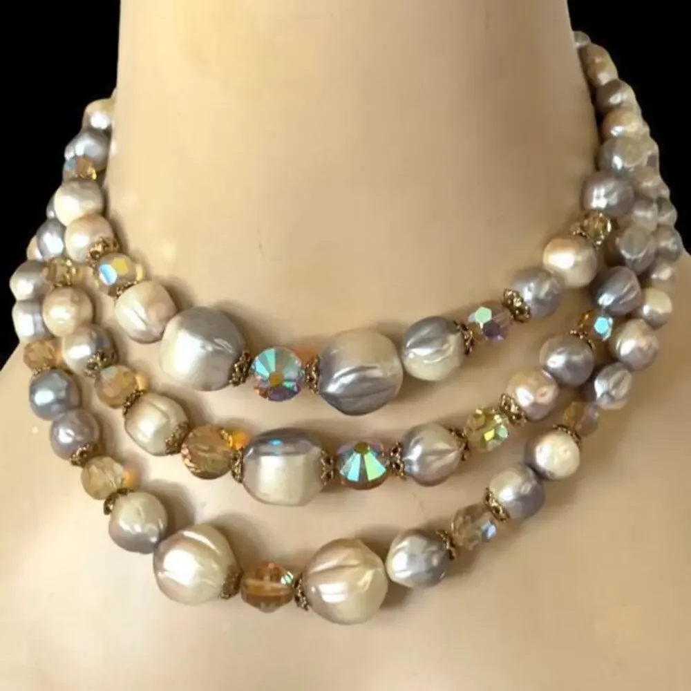 Vintage Baroque Crystal Pearl Triple Strand Citrine Rhinestone 1950s Necklace